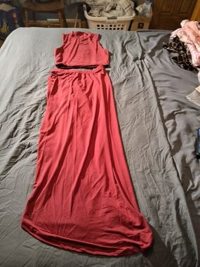 Red Two-Piece Crop Top and Maxi Skirt Set